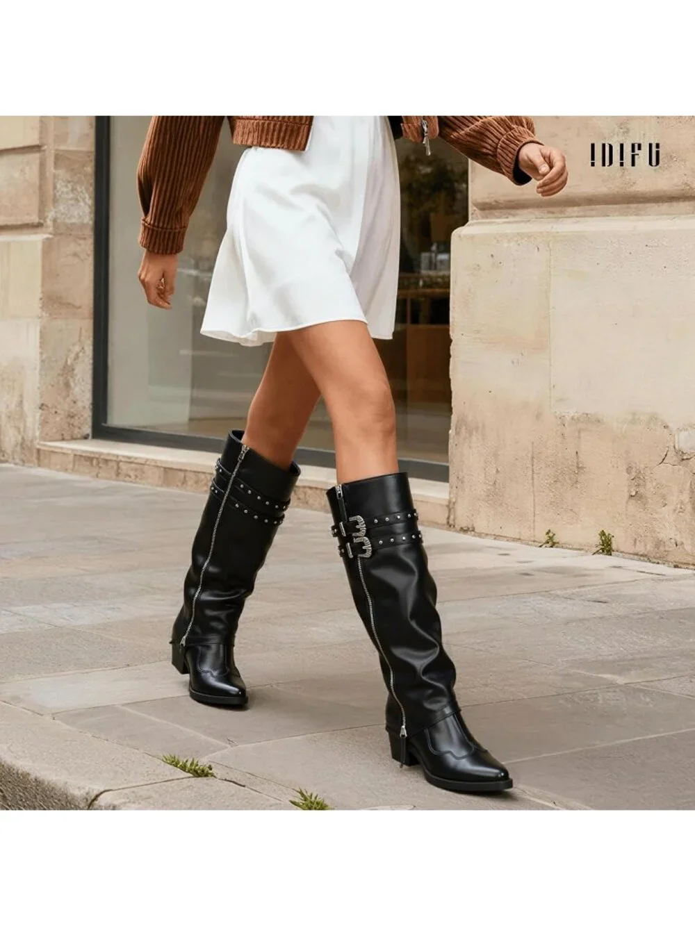 Women's Black pu Manmade Knee High Fold Over Studded Chunky Heel Shark Boots